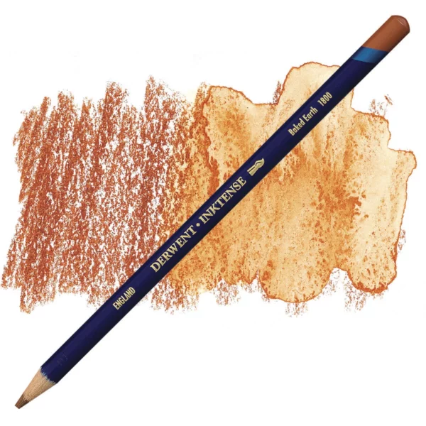 A single Baked Earth Derwent Inktense Colour Pencil is shown diagonally across the center of the frame. The pencil is pointing with it's lead facing towards the bottom left hand corner. The barrel of the pencil is blue and the end of the pencil is colour dipped to match the colour of the lead for easy identification. There is text down the barrel of the pencil with the colour name and brand name. There is a colour swatch of the pencil in the background, that runs horizontally across the center of the frame. The image is center of the frame and on a white background.