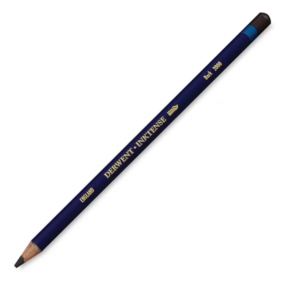 A single Bark Derwent Inktense Colour Pencil is shown diagonally across the center of the frame. The pencil is pointing with it's lead facing towards the bottom left hand corner. The barrel of the pencil is blue and the end of the pencil is colour dipped to match the colour of the lead for easy identification. There is text down the barrel of the pencil with the colour name and brand name. On a white background.