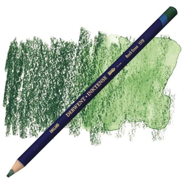 A single Beech Green Derwent Inktense Colour Pencil is shown diagonally across the center of the frame. The pencil is pointing with it's lead facing towards the bottom left hand corner. The barrel of the pencil is blue and the end of the pencil is colour dipped to match the colour of the lead for easy identification. There is text down the barrel of the pencil with the colour name and brand name. There is a colour swatch of the pencil in the background, that runs horizontally across the center of the frame. The image is center of the frame and on a white background.