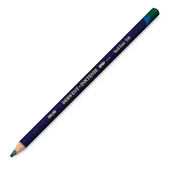 A single Beech Green Derwent Inktense Colour Pencil is shown diagonally across the center of the frame. The pencil is pointing with it's lead facing towards the bottom left hand corner. The barrel of the pencil is blue and the end of the pencil is colour dipped to match the colour of the lead for easy identification. There is text down the barrel of the pencil with the colour name and brand name. On a white background.