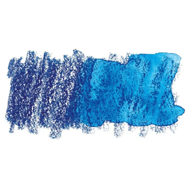 A swatch of a Bright Blue Derwent Inktense Colour Pencil can be seen horizontally, across the center of the frame. On a white background.