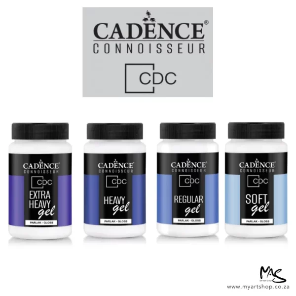 There are 4 bottles of Cadence Connoisseur Gel Painting Mediums shown standing next to each other, horizontally across the center of the frame. The bottles are clear plastic with a black plastic screw on lid and each bottle has a label around the body of the bottle. The label is coloured blue and has text and the logo. The Cadence Connoisseur logo is shown at the top of the frame in a grey rectangle. The image is on a white background.