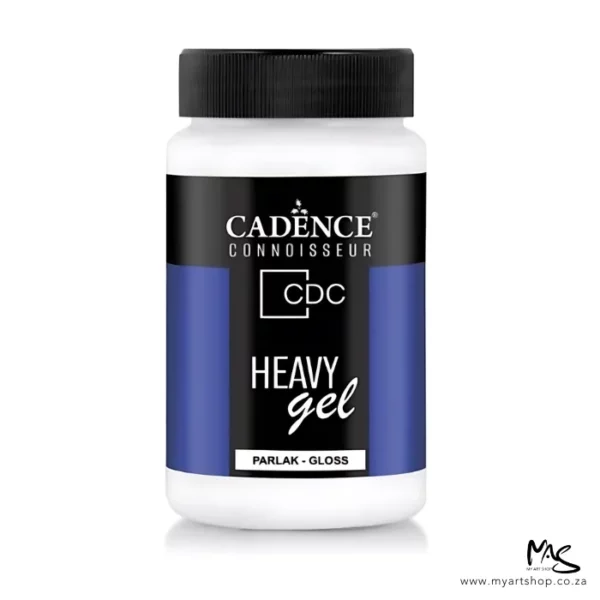 There is a single bottle of Cadence Connoisseur Heavy Gel Gloss shown standing vertically in the center of the frame. The bottle is clear plastic and has a black screw on lid. There is a label around the body of the bottle that is coloured with blue and black and has text describing the contents of the bottle and has the brand name. The gel inside the bottle is white and can be seen through the clear plastic. The image is center of the frame and on a white background.