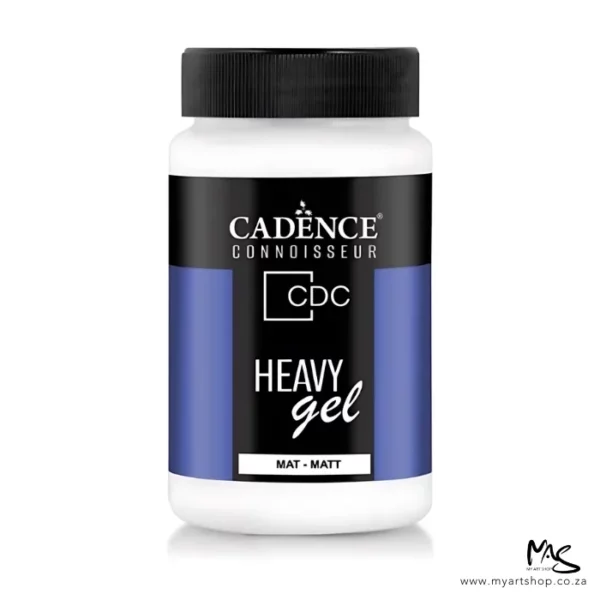 There is a single bottle of Cadence Connoisseur Heavy Gel Matt shown standing vertically in the center of the frame. The bottle is clear plastic and has a black screw on lid. There is a label around the body of the bottle that is coloured with blue and black and has text describing the contents of the bottle and has the brand name. The gel inside the bottle is white and can be seen through the clear plastic. The image is center of the frame and on a white background.