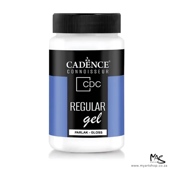 There is a single bottle of Cadence Connoisseur Regular Gel Gloss shown standing vertically in the center of the frame. The bottle is clear plastic and has a black screw on lid. There is a label around the body of the bottle that is coloured with blue and black and has text describing the contents of the bottle and has the brand name. The gel inside the bottle is white and can be seen through the clear plastic. The image is center of the frame and on a white background.