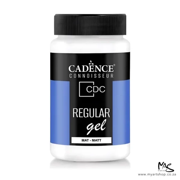 There is a single bottle of Cadence Connoisseur Regular Gel Matt shown standing vertically in the center of the frame. The bottle is clear plastic and has a black screw on lid. There is a label around the body of the bottle that is coloured with blue and black and has text describing the contents of the bottle and has the brand name. The gel inside the bottle is white and can be seen through the clear plastic. The image is center of the frame and on a white background.