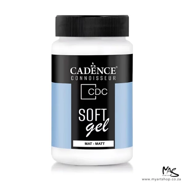 There is a single bottle of Cadence Connoisseur Soft Gel Matt shown standing vertically in the center of the frame. The bottle is clear plastic and has a black screw on lid. There is a label around the body of the bottle that is coloured with blue and black and has text describing the contents of the bottle and has the brand name. The gel inside the bottle is white and can be seen through the clear plastic. The image is center of the frame and on a white background.