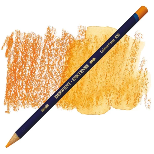 A single Cadmium Orange Derwent Inktense Colour Pencil is shown diagonally across the center of the frame. The pencil is pointing with it's lead facing towards the bottom left hand corner. The barrel of the pencil is blue and the end of the pencil is colour dipped to match the colour of the lead for easy identification. There is text down the barrel of the pencil with the colour name and brand name. There is a colour swatch of the pencil in the background, that runs horizontally across the center of the frame. The image is center of the frame and on a white background.