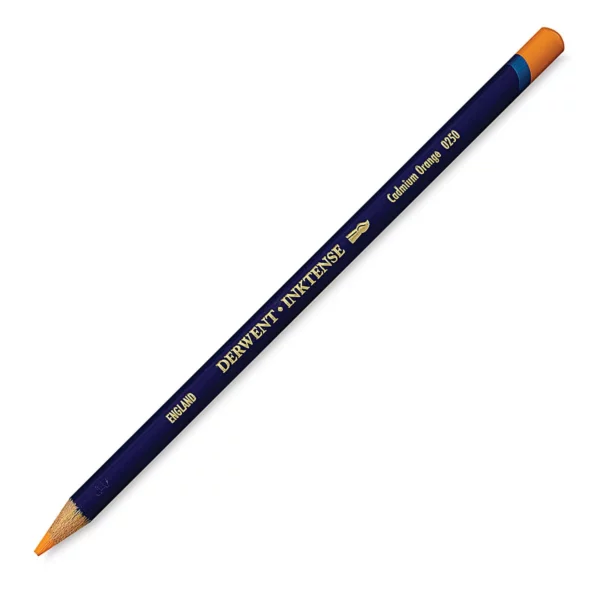 A single Cadmium Orange Derwent Inktense Colour Pencil is shown diagonally across the center of the frame. The pencil is pointing with it's lead facing towards the bottom left hand corner. The barrel of the pencil is blue and the end of the pencil is colour dipped to match the colour of the lead for easy identification. There is text down the barrel of the pencil with the colour name and brand name. On a white background.