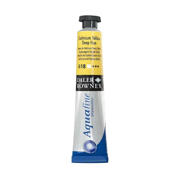 There is a single tube of Cadmium Yellow Deep Daler Rowney Aquafine Watercolour standing vertically in the center of the frame. The tube is silver with a black screw on lid. The bottom of the tube has the blue Aquafine logo on it, then there is a black strip around the body of the tube with the Daler Rowney logo and above that is a colour strip which indicates the colour of the paint inside and has the colour details printed on it. The image is center of the frame and on a white background.