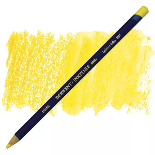 A single Cadmium Yellow Derwent Inktense Colour Pencil is shown diagonally across the center of the frame. The pencil is pointing with it's lead facing towards the bottom left hand corner. The barrel of the pencil is blue and the end of the pencil is colour dipped to match the colour of the lead for easy identification. There is text down the barrel of the pencil with the colour name and brand name. There is a colour swatch of the pencil in the background, that runs horizontally across the center of the frame. The image is center of the frame and on a white background.