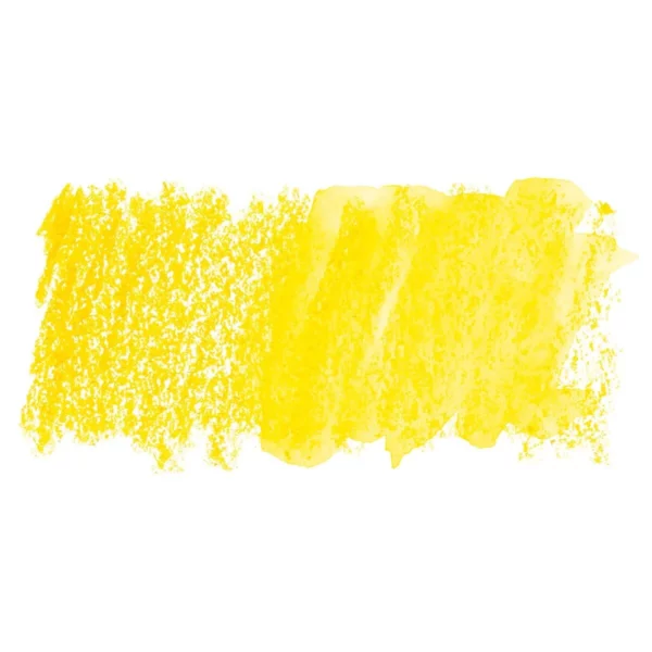 A swatch of a Cadmium Yellow Derwent Inktense Colour Pencil can be seen horizontally, across the center of the frame. On a white background.