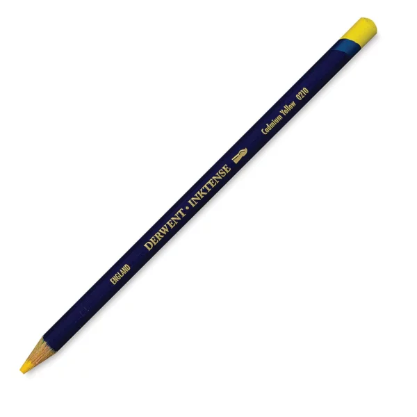 A single Cadmium Yellow Derwent Inktense Colour Pencil is shown diagonally across the center of the frame. The pencil is pointing with it's lead facing towards the bottom left hand corner. The barrel of the pencil is blue and the end of the pencil is colour dipped to match the colour of the lead for easy identification. There is text down the barrel of the pencil with the colour name and brand name. On a white background.