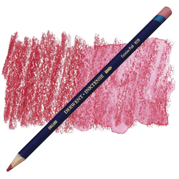 A single Carmine Pink Derwent Inktense Colour Pencil is shown diagonally across the center of the frame. The pencil is pointing with it's lead facing towards the bottom left hand corner. The barrel of the pencil is blue and the end of the pencil is colour dipped to match the colour of the lead for easy identification. There is text down the barrel of the pencil with the colour name and brand name. There is a colour swatch of the pencil in the background, that runs horizontally across the center of the frame. The image is center of the frame and on a white background.