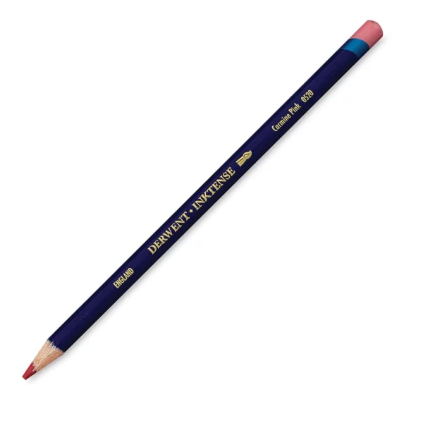 A single Carmine Pink Derwent Inktense Colour Pencil is shown diagonally across the center of the frame. The pencil is pointing with it's lead facing towards the bottom left hand corner. The barrel of the pencil is blue and the end of the pencil is colour dipped to match the colour of the lead for easy identification. There is text down the barrel of the pencil with the colour name and brand name. On a white background.