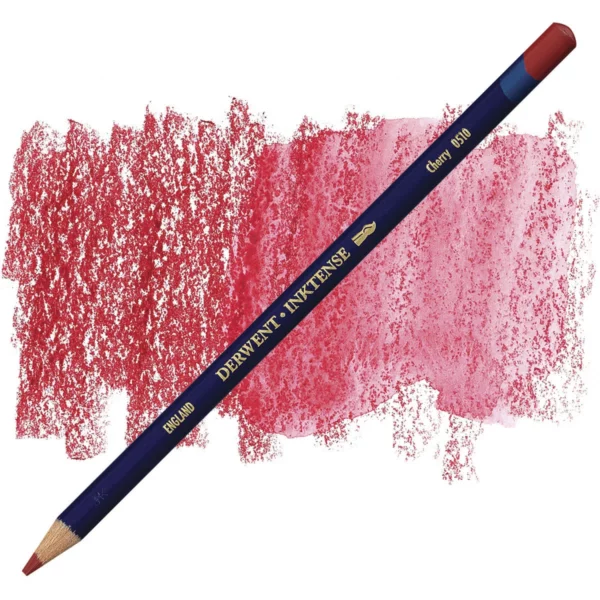 A single Cherry Derwent Inktense Colour Pencil is shown diagonally across the center of the frame. The pencil is pointing with it's lead facing towards the bottom left hand corner. The barrel of the pencil is blue and the end of the pencil is colour dipped to match the colour of the lead for easy identification. There is text down the barrel of the pencil with the colour name and brand name. There is a colour swatch of the pencil in the background, that runs horizontally across the center of the frame. The image is center of the frame and on a white background.