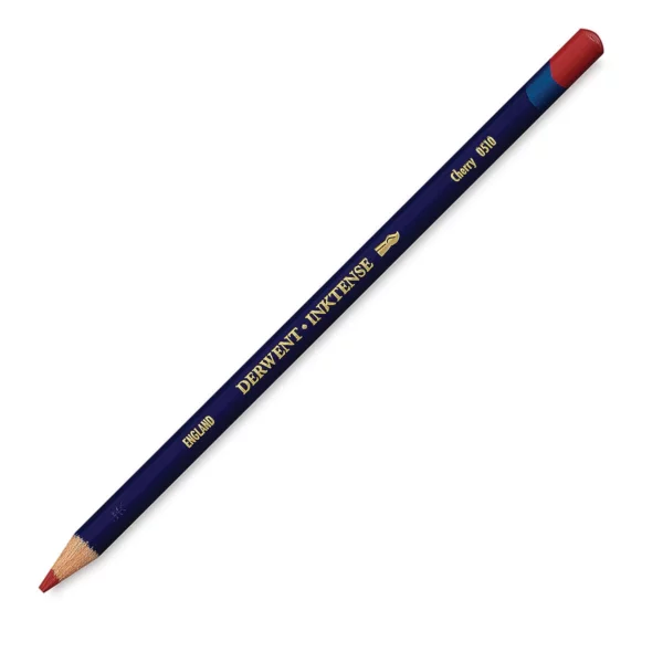 A single Cherry Derwent Inktense Colour Pencil is shown diagonally across the center of the frame. The pencil is pointing with it's lead facing towards the bottom left hand corner. The barrel of the pencil is blue and the end of the pencil is colour dipped to match the colour of the lead for easy identification. There is text down the barrel of the pencil with the colour name and brand name. On a white background.