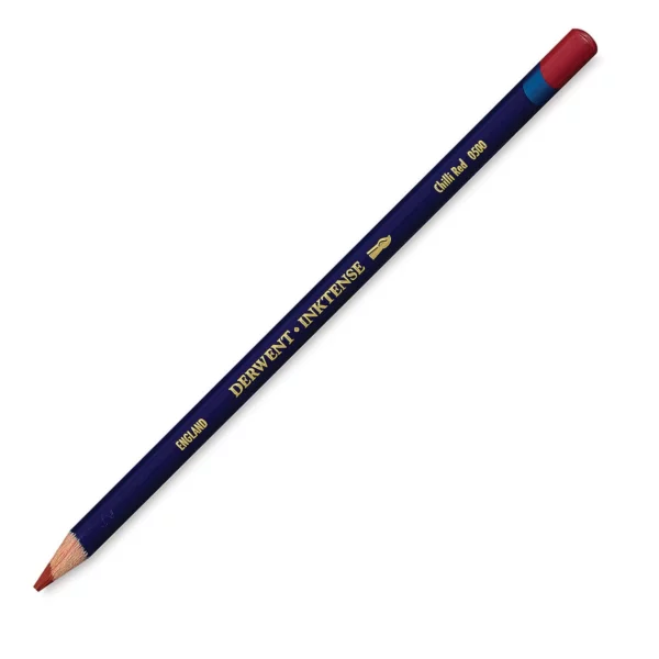 A single Chilli Red Derwent Inktense Colour Pencil is shown diagonally across the center of the frame. The pencil is pointing with it's lead facing towards the bottom left hand corner. The barrel of the pencil is blue and the end of the pencil is colour dipped to match the colour of the lead for easy identification. There is text down the barrel of the pencil with the colour name and brand name. On a white background.