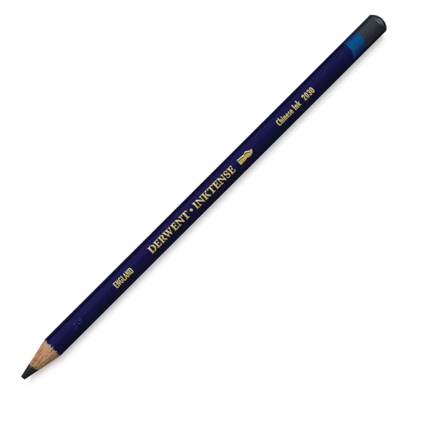 A single Chinese Ink Derwent Inktense Colour Pencil is shown diagonally across the center of the frame. The pencil is pointing with it's lead facing towards the bottom left hand corner. The barrel of the pencil is blue and the end of the pencil is colour dipped to match the colour of the lead for easy identification. There is text down the barrel of the pencil with the colour name and brand name. On a white background.