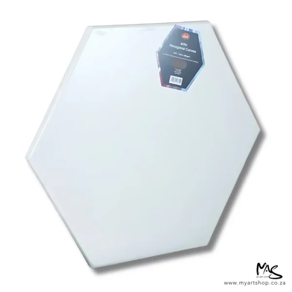 A single Dala Hexagonal Stretched Canvas is shown diagonally across the center of the frame. The canvas is white and has been stretched over a wooden frame. The image is center of the frame and on a white background.