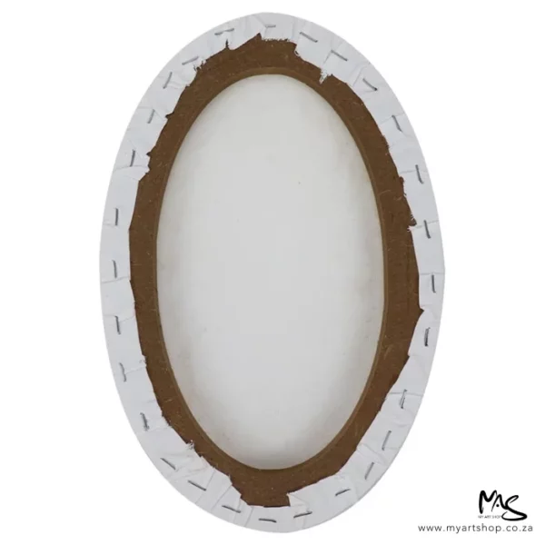 The back of a Dala Oval Stretched Canvas is shown vertically in the center of the frame. You can see the canvas stapled around the wooden frame. Center of the frame and on a white background.