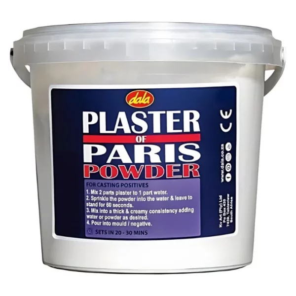 A single Dala Plaster of Paris 1kg Bucket is shown in the center of the frame. The bucket is clear plastic and has a printed blue label on the front of the body of the bucket. The label has white text describing the product. The image is center of the frame and on a white background.