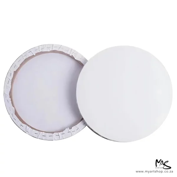 A front and back view of the Dala Round Stretched Canvases. To the left hand side of the frame is the back of a stretched canvas so you can see the stapling on the wood. To the right of the frame, you can see the front of a white circle canvas. The image is center of the frame and on a white background.