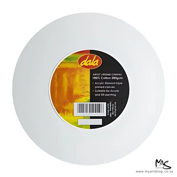 A single Dala Round Stretched Canvas is shown in the center of the frame. The canvas is white and there is a black and orange round label in the center of the canvas with the logo and product details. On a white background.