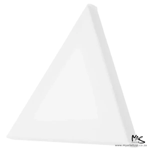 A single Dala Triangular Stretched Canvas is shown diagonally across the center of the frame. The canvas is white and has been stretched over a wooden frame. The image is center of the frame and on a white background.