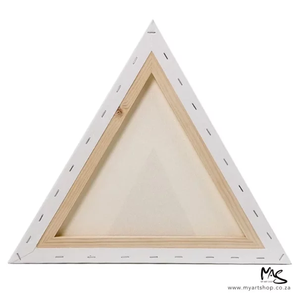 The back of a Dala Triangular Stretched Canvas is shown vertically in the center of the frame. You can see the canvas stapled around the wooden frame. Center of the frame and on a white background.