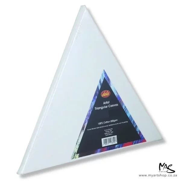 A single Dala Triangular Stretched Canvas is shown in the center of the frame. The canvas is white and there is a black label in the center of the canvas with the logo and product details. On a white background.