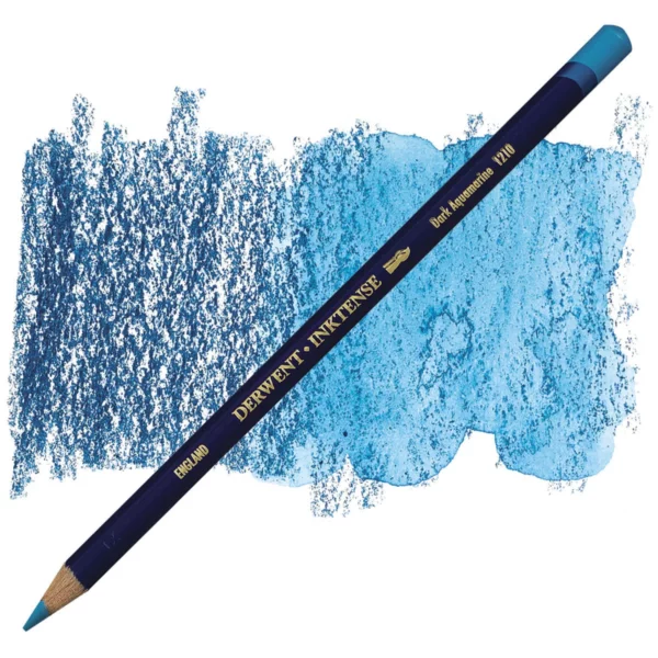 A single Dark Aquamarine Derwent Inktense Colour Pencil is shown diagonally across the center of the frame. The pencil is pointing with it's lead facing towards the bottom left hand corner. The barrel of the pencil is blue and the end of the pencil is colour dipped to match the colour of the lead for easy identification. There is text down the barrel of the pencil with the colour name and brand name. There is a colour swatch of the pencil in the background, that runs horizontally across the center of the frame. The image is center of the frame and on a white background.