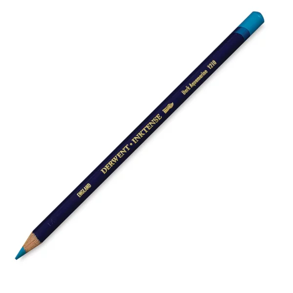 A single Dark Aquamarine Derwent Inktense Colour Pencil is shown diagonally across the center of the frame. The pencil is pointing with it's lead facing towards the bottom left hand corner. The barrel of the pencil is blue and the end of the pencil is colour dipped to match the colour of the lead for easy identification. There is text down the barrel of the pencil with the colour name and brand name. On a white background.