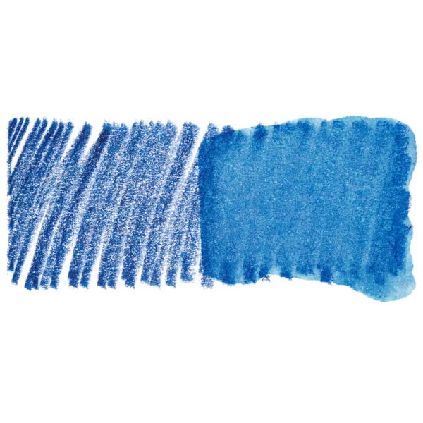 A swatch of a Dark Cerulean Derwent Inktense Colour Pencil can be seen horizontally, across the center of the frame. On a white background.