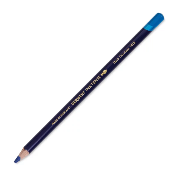 A single Dark Cerulean Derwent Inktense Colour Pencil is shown diagonally across the center of the frame. The pencil is pointing with it's lead facing towards the bottom left hand corner. The barrel of the pencil is blue and the end of the pencil is colour dipped to match the colour of the lead for easy identification. There is text down the barrel of the pencil with the colour name and brand name. On a white background.