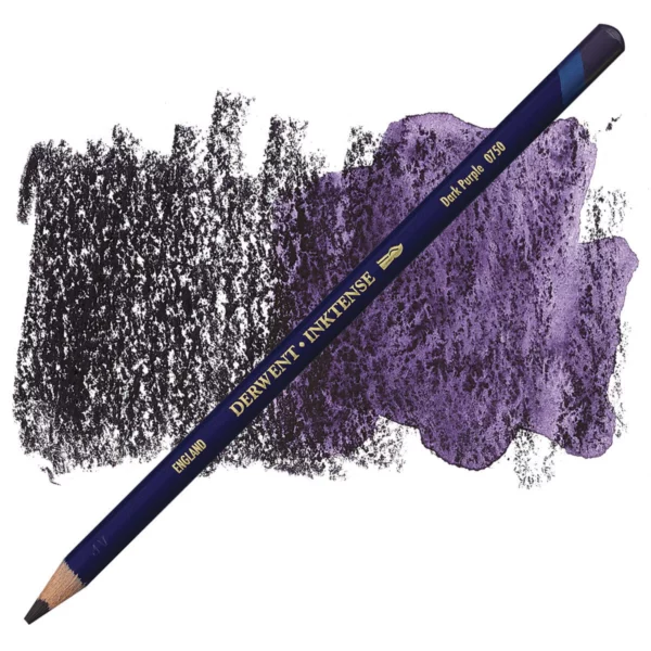 A single Dark Purple Derwent Inktense Colour Pencil is shown diagonally across the center of the frame. The pencil is pointing with it's lead facing towards the bottom left hand corner. The barrel of the pencil is blue and the end of the pencil is colour dipped to match the colour of the lead for easy identification. There is text down the barrel of the pencil with the colour name and brand name. There is a colour swatch of the pencil in the background, that runs horizontally across the center of the frame. The image is center of the frame and on a white background.