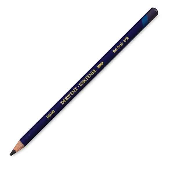 A single Dark Purple Derwent Inktense Colour Pencil is shown diagonally across the center of the frame. The pencil is pointing with it's lead facing towards the bottom left hand corner. The barrel of the pencil is blue and the end of the pencil is colour dipped to match the colour of the lead for easy identification. There is text down the barrel of the pencil with the colour name and brand name. On a white background.