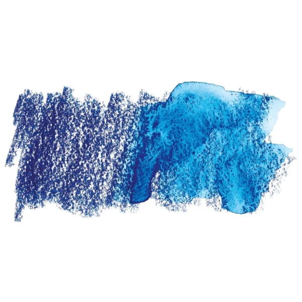 A swatch of a Deep Blue Derwent Inktense Colour Pencil can be seen horizontally, across the center of the frame. On a white background.