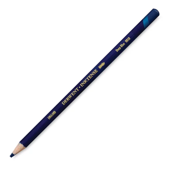 A single Deep Blue Derwent Inktense Colour Pencil is shown diagonally across the center of the frame. The pencil is pointing with it's lead facing towards the bottom left hand corner. The barrel of the pencil is blue and the end of the pencil is colour dipped to match the colour of the lead for easy identification. There is text down the barrel of the pencil with the colour name and brand name. On a white background.