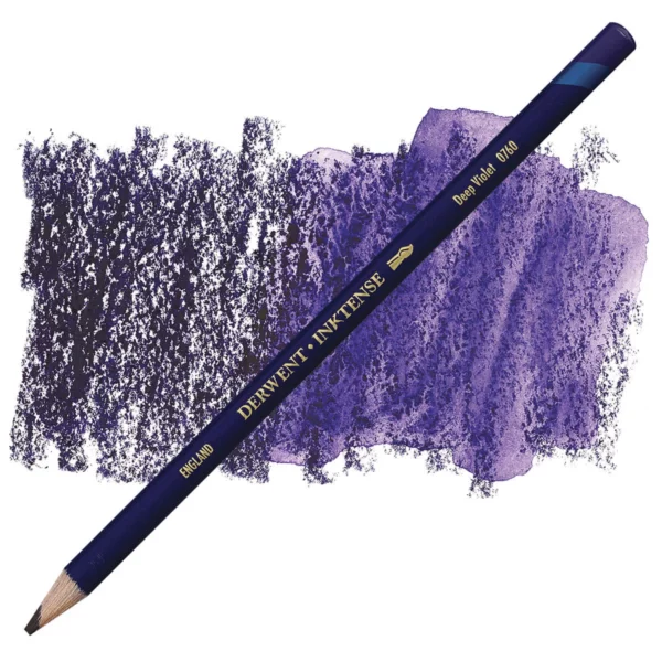 A single Deep Violet Derwent Inktense Colour Pencil is shown diagonally across the center of the frame. The pencil is pointing with it's lead facing towards the bottom left hand corner. The barrel of the pencil is blue and the end of the pencil is colour dipped to match the colour of the lead for easy identification. There is text down the barrel of the pencil with the colour name and brand name. There is a colour swatch of the pencil in the background, that runs horizontally across the center of the frame. The image is center of the frame and on a white background.