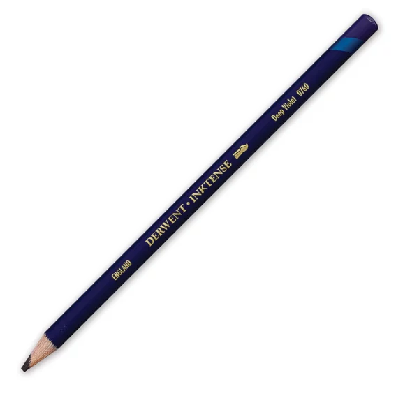 A single Deep Violet Derwent Inktense Colour Pencil is shown diagonally across the center of the frame. The pencil is pointing with it's lead facing towards the bottom left hand corner. The barrel of the pencil is blue and the end of the pencil is colour dipped to match the colour of the lead for easy identification. There is text down the barrel of the pencil with the colour name and brand name. On a white background.