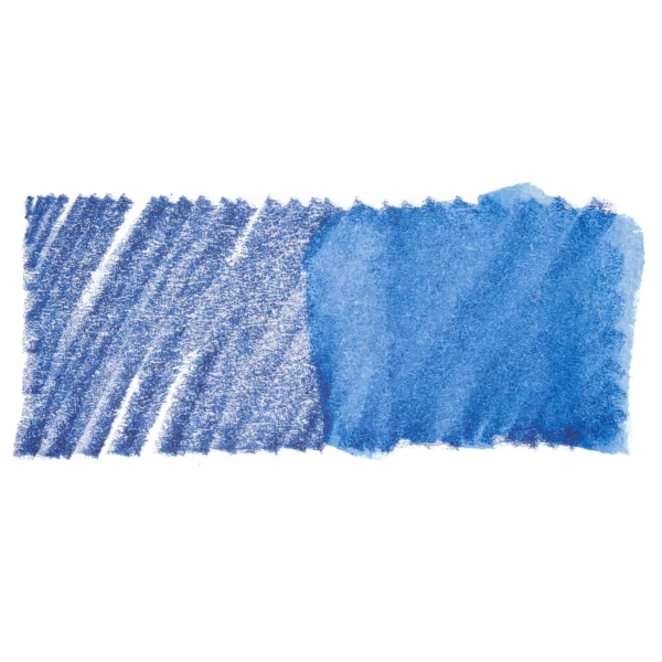 A swatch of a Denim Derwent Inktense Colour Pencil can be seen horizontally, across the center of the frame. On a white background.