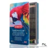 A single Set of 12 Derwent Chromaflow Pencils is shown standing vertically in the center of the frame. There is a reflection of the tin, below the tin. The tin has a picture of a colourful red parrot on the front, with the Derwent Logo and some text describing the contents of the set. The tin is at a slight angle and is slightly open, so you can see some of the pencils inside, The pencils have black barrels with gold text. The image is center of the frame and on a white background.