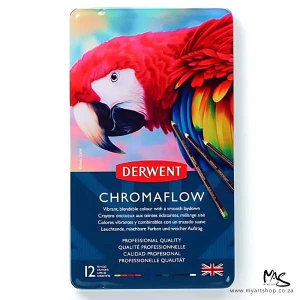 A single Set of 12 Derwent Chromaflow Pencils is shown standing vertically in the center of the frame. There is a reflection of the tin, below the tin. The tin has a picture of a colourful red parrot on the front, with the Derwent Logo and some text describing the contents of the set. The image is center of the frame and on a white background.