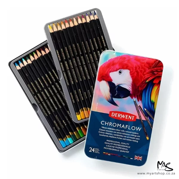 A single Set of 24 Derwent Chromaflow Pencils is shown in the center of the frame. The tin is open and you can see 2 trays of pencils fanned out with the tin lid to the right of the pencils. The tin has a picture of a colourful red parrot on the front, with the Derwent Logo and some text describing the contents of the set. The pencils have a black barrel with gold text on each pencil. The ends are colour dipped for easy colour identification.