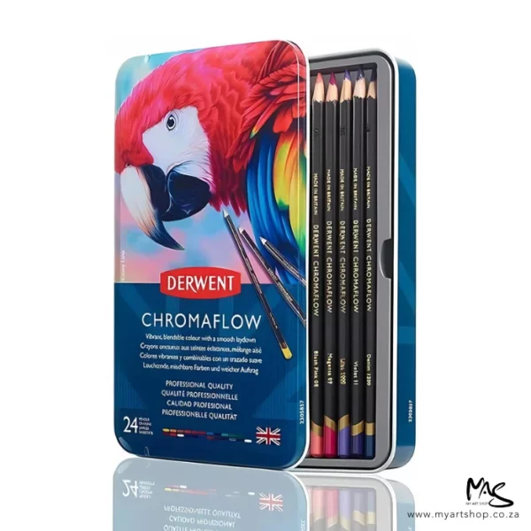 A single Set of 24 Derwent Chromaflow Pencils is shown standing vertically in the center of the frame. There is a reflection of the tin, below the tin. The tin has a picture of a colourful red parrot on the front, with the Derwent Logo and some text describing the contents of the set. The tin is at a slight angle and is slightly open, so you can see some of the pencils inside, The pencils have black barrels with gold text. The image is center of the frame and on a white background.