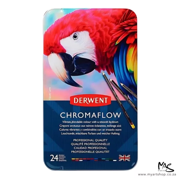 A single Set of 24 Derwent Chromaflow Pencils is shown standing vertically in the center of the frame. There is a reflection of the tin, below the tin. The tin has a picture of a colourful red parrot on the front, with the Derwent Logo and some text describing the contents of the set. The image is center of the frame and on a white background.