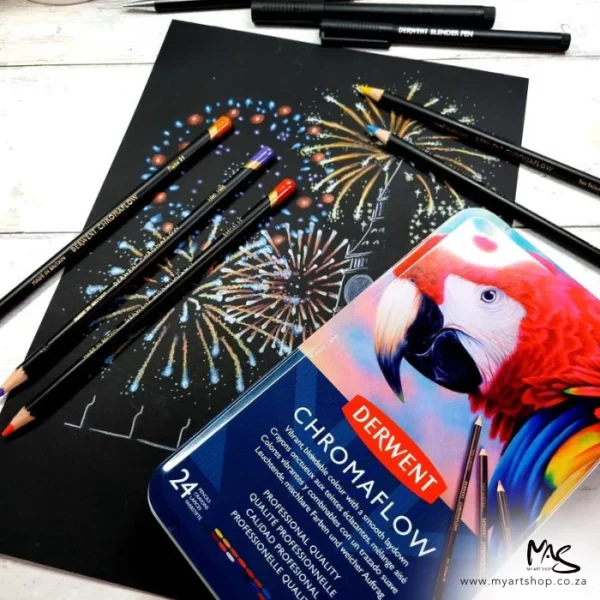 A promotional image containing a Set of 24 Derwent Chromaflow Pencils laying on a drawing of fireworks that has been made on black paper using the pencils from the set. The image is cut off by the frame.