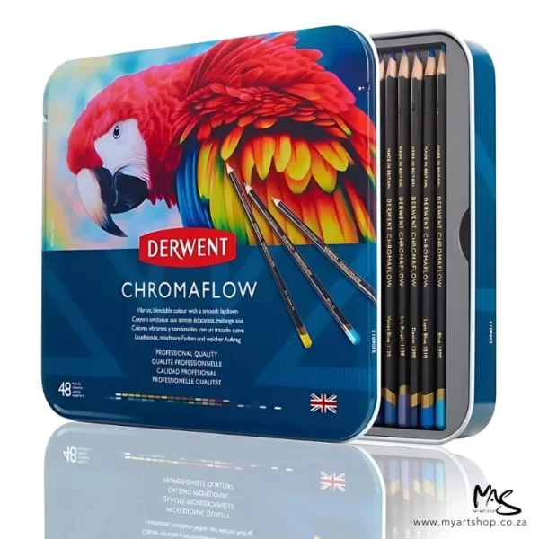 A single Set of 48 Derwent Chromaflow Pencils is shown standing vertically in the center of the frame. There is a reflection of the tin, below the tin. The tin has a picture of a colourful red parrot on the front, with the Derwent Logo and some text describing the contents of the set. The tin is at a slight angle and is slightly open, so you can see some of the pencils inside, The pencils have black barrels with gold text. The image is center of the frame and on a white background.