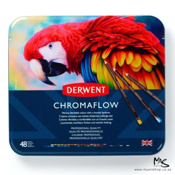 A single Set of 48 Derwent Chromaflow Pencils is shown standing vertically in the center of the frame. There is a reflection of the tin, below the tin. The tin has a picture of a colourful red parrot on the front, with the Derwent Logo and some text describing the contents of the set. The image is center of the frame and on a white background.